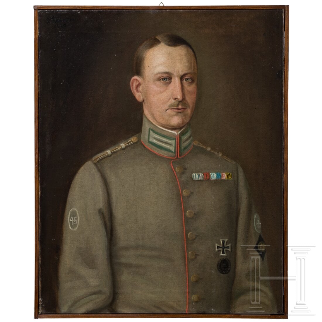 A portrait of a member of the Freikorps Epp, circa 1919: A portrait of a member of the Freikorps Epp, circa 1919Öl auf Leinwand, unsigniert. Bruststück im feldgrauen Rock mit roten Vorstößen, Ärmelabzeichen des Freikorps Epp (metallener Löwe in dunkle