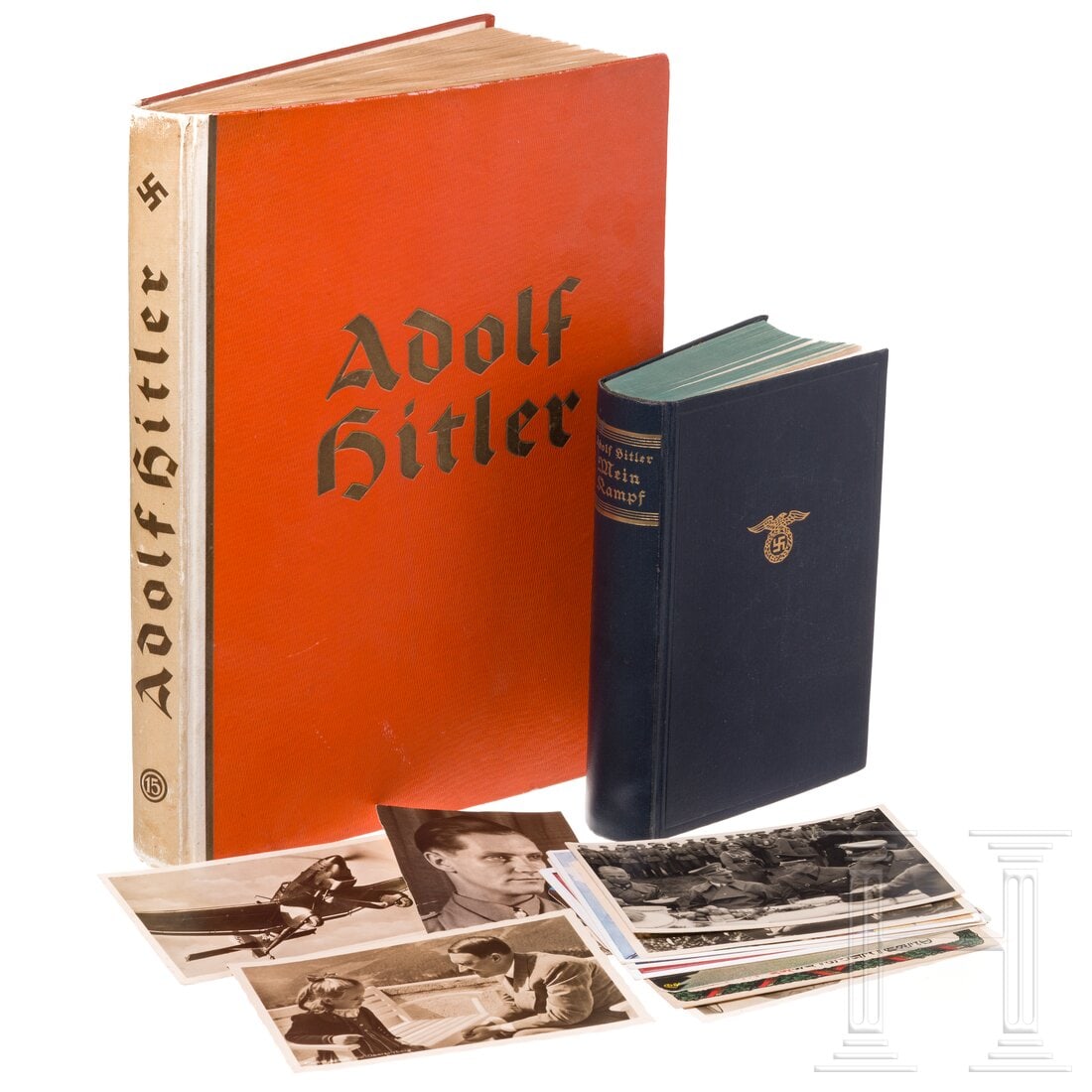 A book "Mein Kampf": A book "Mein Kampf"Einbändige Volksausgabe, Verlag Franz Eher, München 1933, 781 S. Dazu ZBA "Adolf Hitler" und zehn Postkarten. Jeweils stockfleckig. Vollständigkeit nicht überprüft. Condition: 