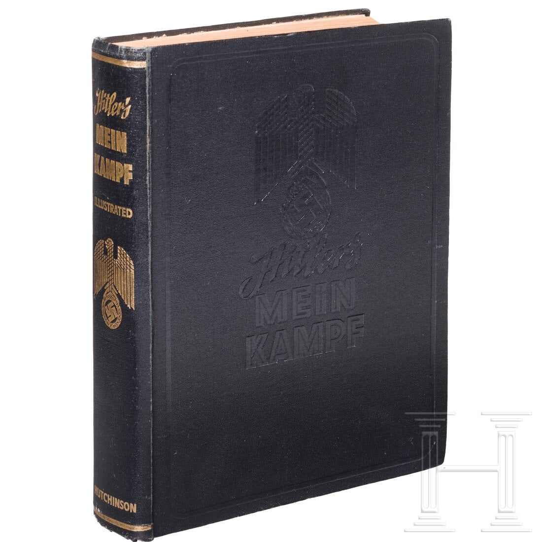 An Englisch illustrated edition of ''Mein Kampf'': An Englisch illustrated edition of ''Mein Kampf''Einbändige Ausgabe, englischer Widmungstext von 1942, schwarzer Leineneinband mit vergoldeten und geprägten Details, Hurst & Blackett, ca. 1939/40. 5
