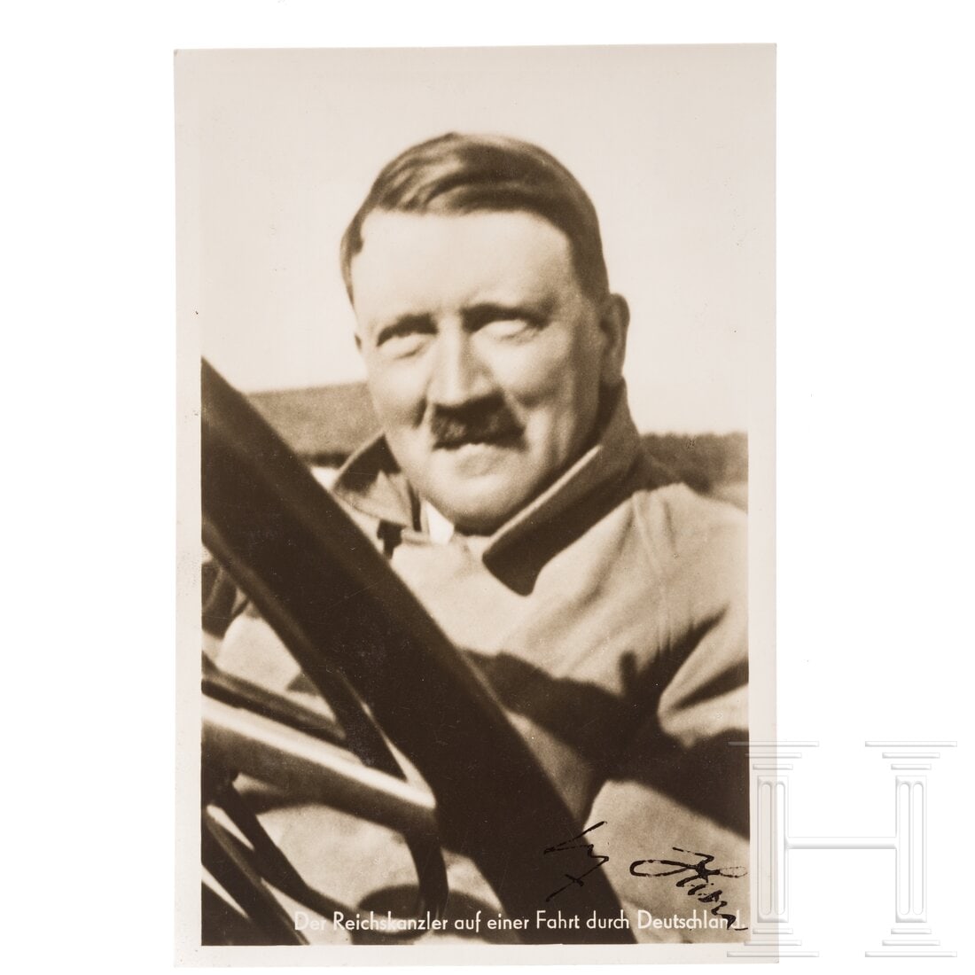 Adolf Hitler - a signed postcard: Adolf Hitler - a signed postcard"Der Reichskanzler auf einer Fahrt durch Deutschland", Hitler in Mantel mit hochgeschlagenem Kragen am Beifahrersitz eines offenen Mercedes, rechts unten eigenhändig i