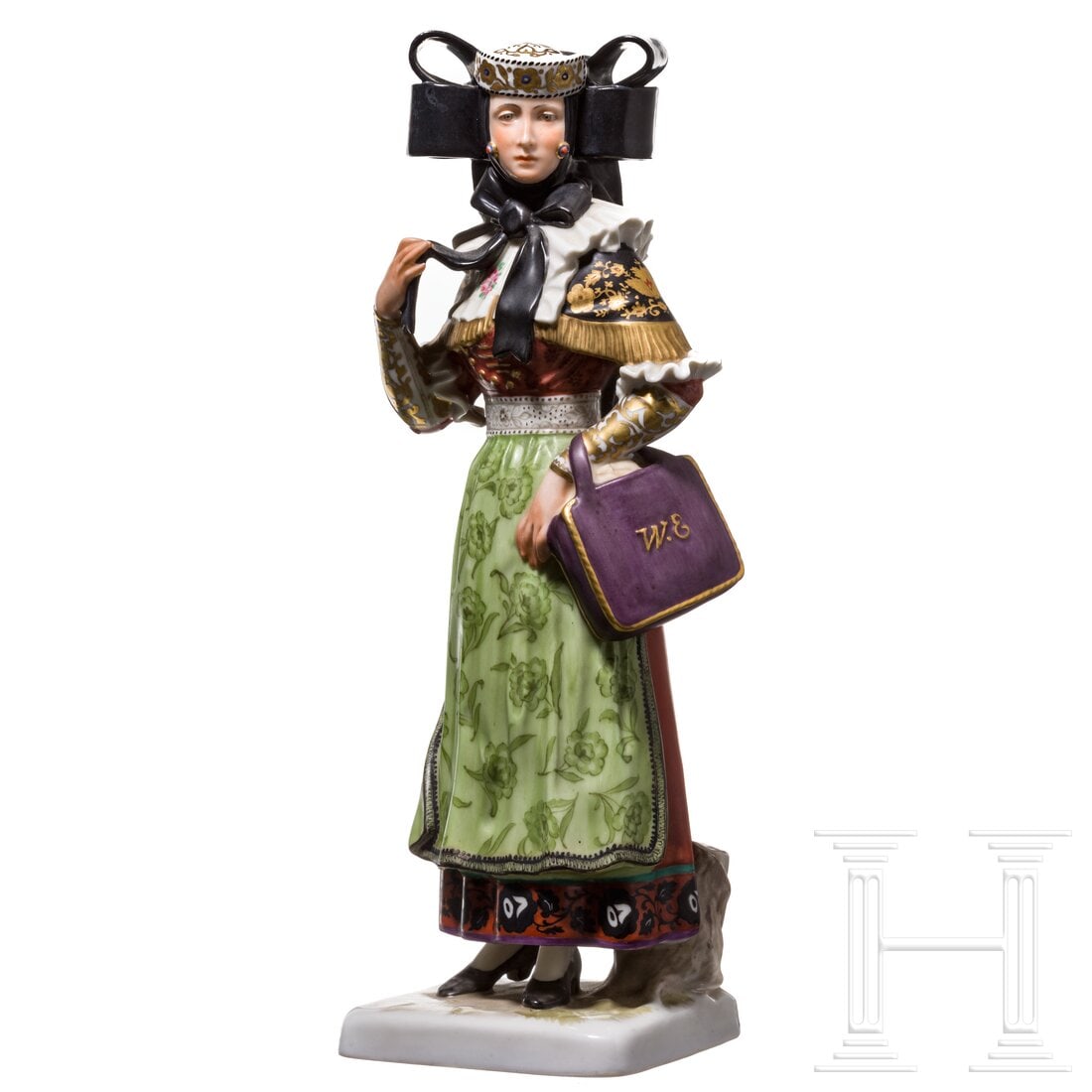 Porcelain Manufactory Allach - a coloured figurine of a Bückeburg peasant woman: Porcelain Manufactory Allach - a coloured figurine of a Bückeburg peasant womanFarbig/golden gefasste Porzellanfigur nach einem Entwurf von Richard Förster, darstellend eine Bäuerin in traditionell