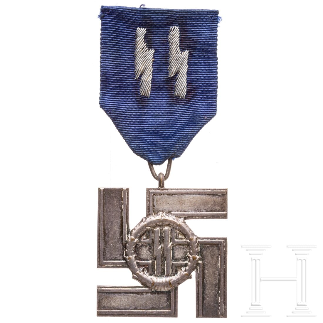 An SS Long Service Award 2nd Class for 12 years of service: An SS Long Service Award 2nd Class for 12 years of serviceNon-ferrous metal version embossed in one piece with remnants of frosted silver-plating and polished details. The drop-shaped suspension ring 