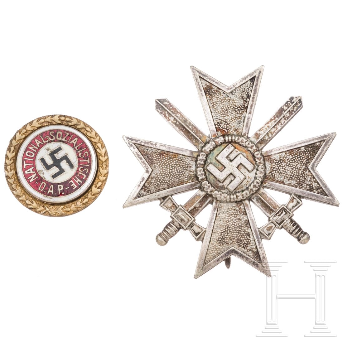 A Golden Party Badge of the NSDAP: A Golden Party Badge of the NSDAPThe badge has been roughly re-enameled, post-gilded and given a new brooch. Possibly the number was also changed. In addition, a KVK 1st class with swords made by the