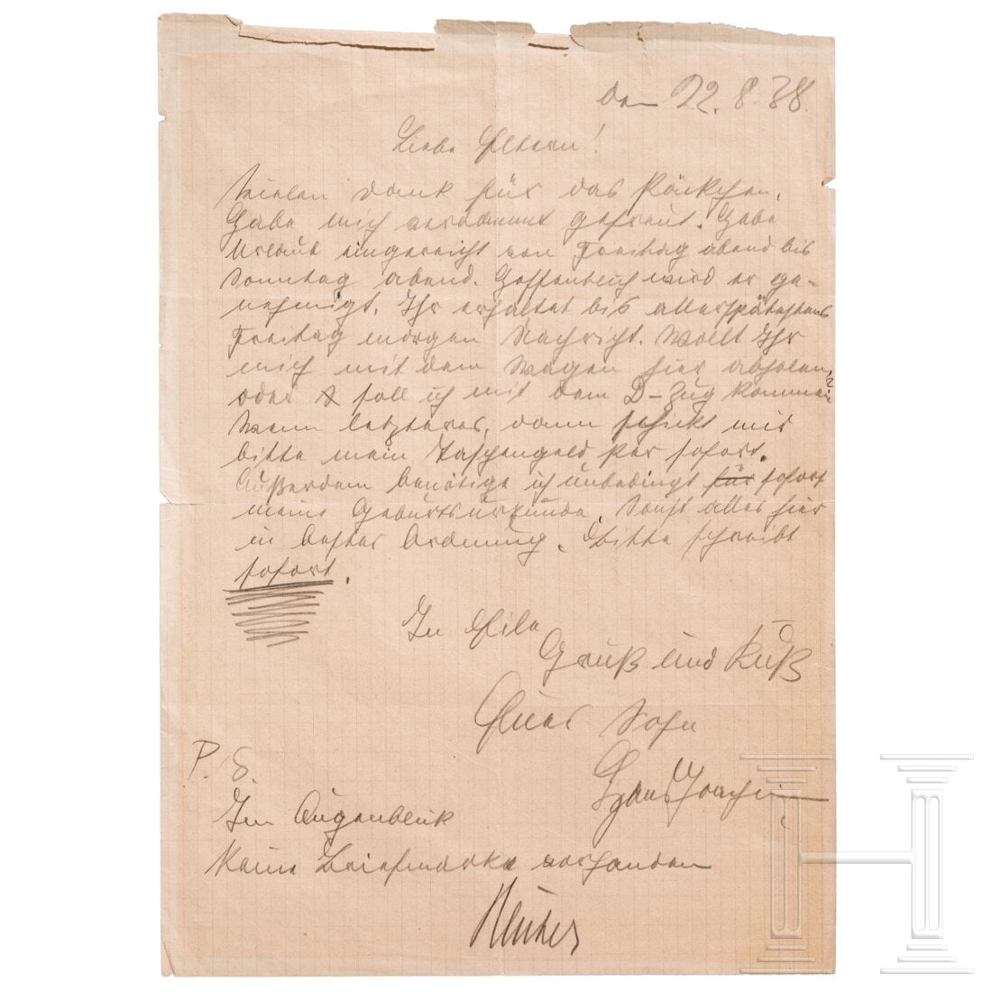 Hans-Joachim Marseille - a handwritten letter to his parents, 1938: Hans-Joachim Marseille - a handwritten letter to his parents, 1938DIN A4, kariert, doppelt gefaltet, Randschäden. Eigenhändig in Bleistift verfasst. Marseille habe sich über ein Päckchen der Elter