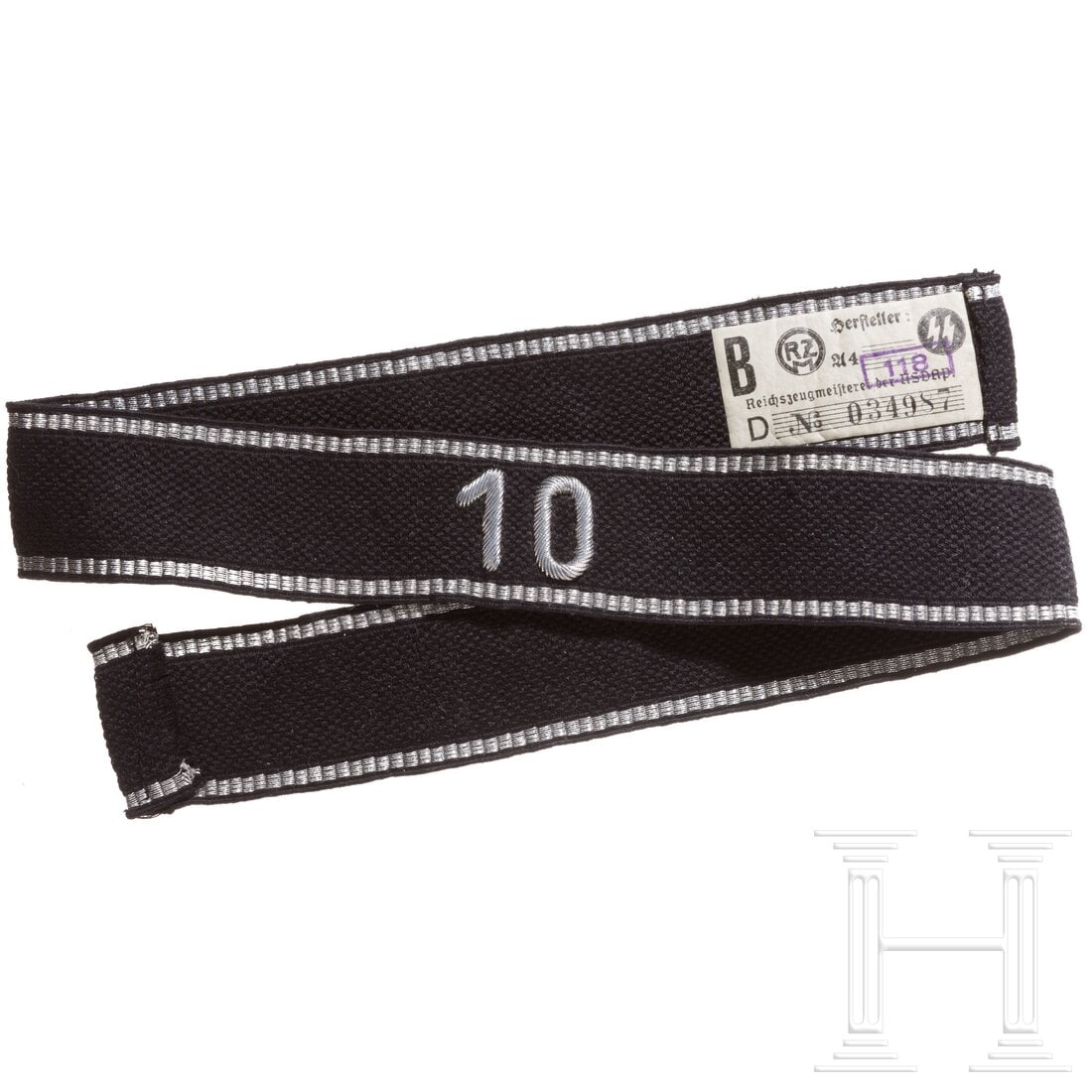 A cuff title for officers in the 10th Sturm of a Standarte: A cuff title for officers in the 10th Sturm of a StandarteSchwarz gewebtes Band in RZM-Ausführung mit silbern eingestickter Sturmnummer "10" und eingewebten silbernen Randstreifen. Beide Enden origin