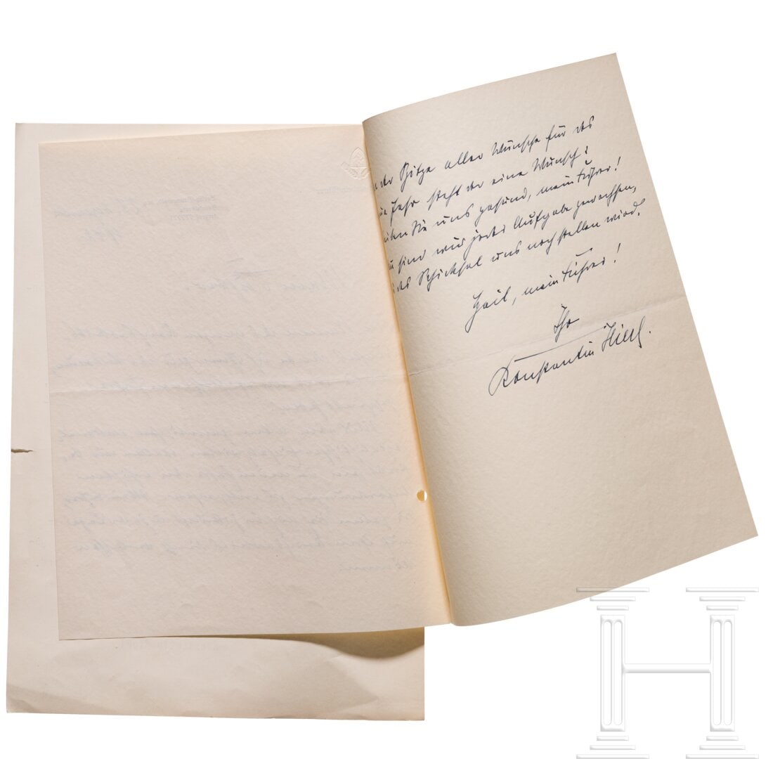 Konstantin Hierl - a signed New Year greetings letter to Hitler, 1942/43: Konstantin Hierl - a signed New Year greetings letter to Hitler, 1942/43Doppelbogen Briefpapier mit blindgeprägtem RAD-Emblem über "Der Reichsarbeitsführer", eigenhändig datiert "28. Dezember 1942