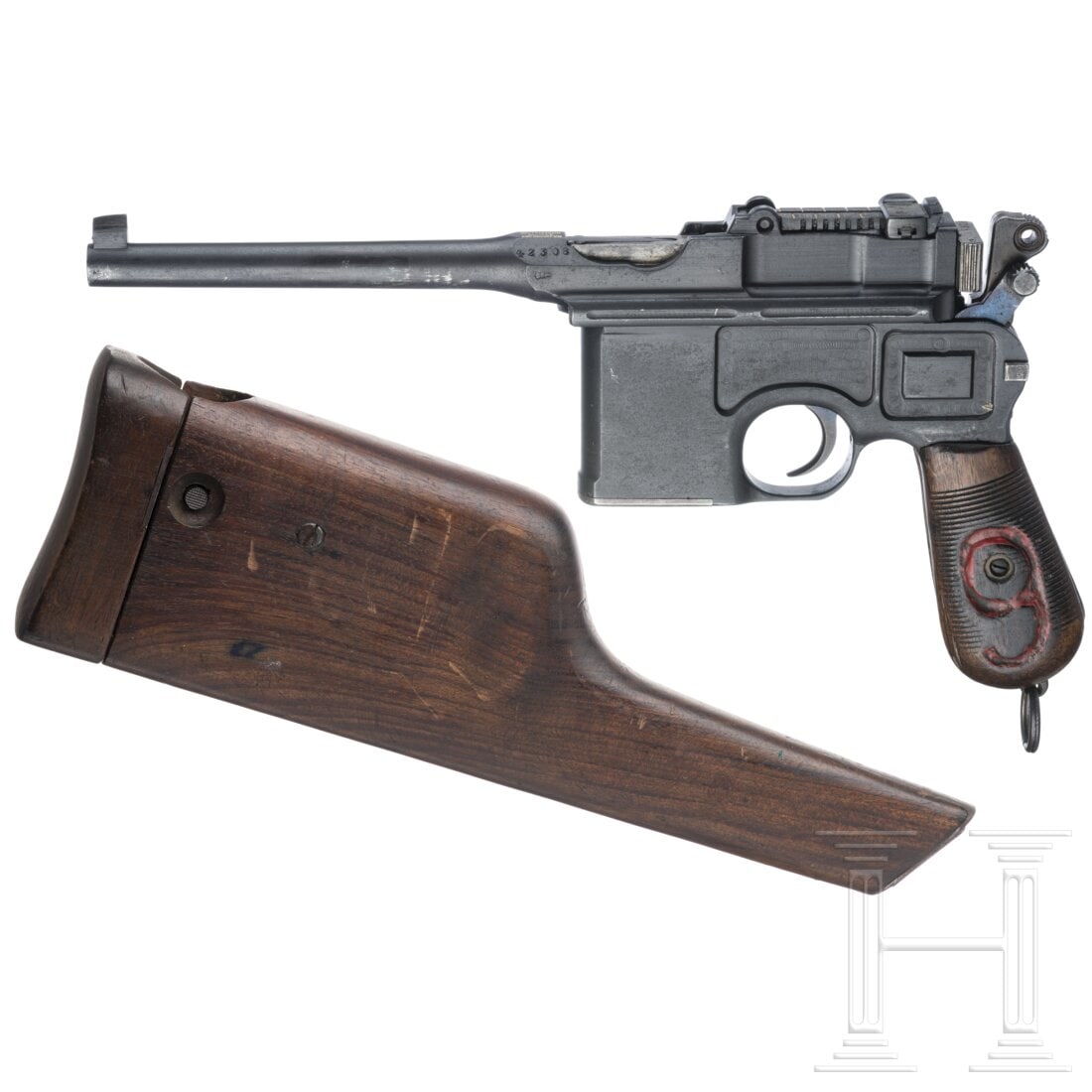 Mauser C96/16, with shoulder stock: Mauser C96/16, with shoulder stockCal. 9mmLuger, SN. 42308, nummerngleich. Sehr schlechter Lauf. Beschuss Doppelkrone/"U". Schiebevisier skaliert 50 - 500. Standardbeschriftung. Vollständige, erneuer