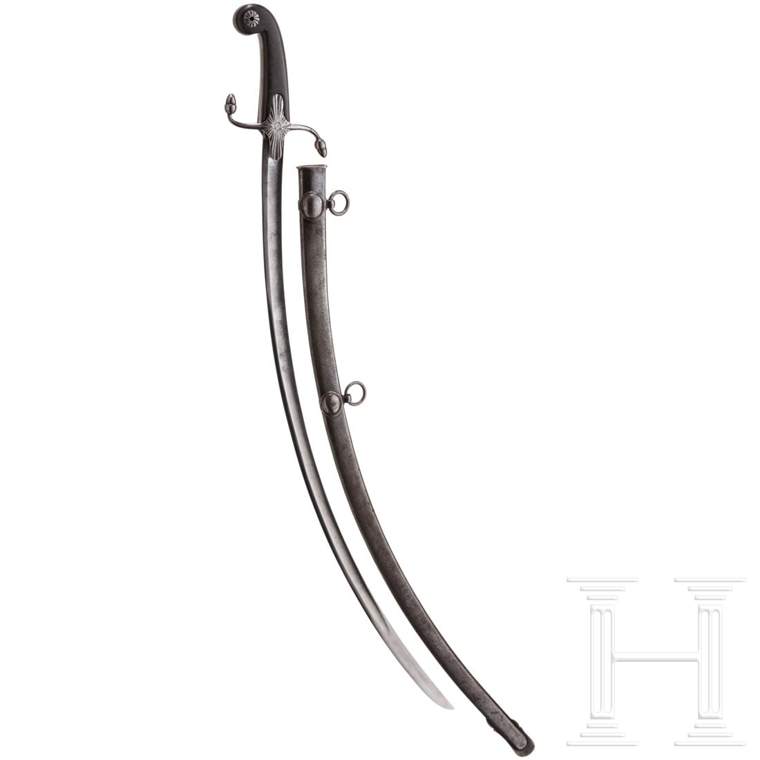 A sabre à la Mameluke by sword cutler Nohascheck, Mainz, mid-19th century: A sabre à la Mameluke by sword cutler Nohascheck, Mainz, mid-19th centuryKräftige, geschwungene Rückenklinge, an der Wurzel die Solinger Schmiedemarke Wolfsangel im Wappen unter Krone, davor die ge