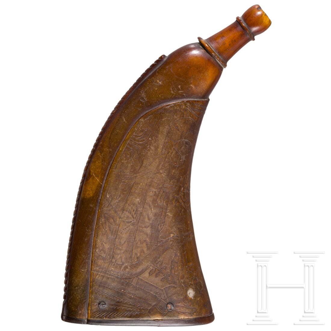 A German engraved hunting powder flask, circa 1700 (1 of 3)