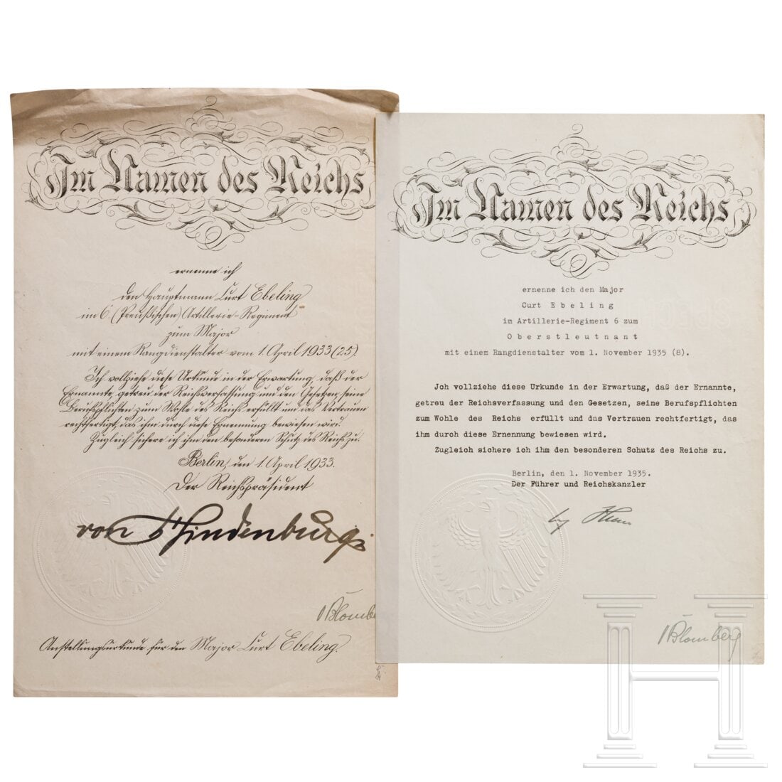 Adolf Hitler and Werner von Blomberg - a handwritten ink signature on a promotion: Adolf Hitler and Werner von Blomberg - a handwritten ink signature on a promotionBestallung für einen Major zum Oberstleutnant vom 01.11.35 für den späteren Generalleutnant Curt Eberling mit dem al