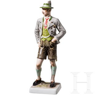 Porcelain Manufactory Allach - a coloured figurine of an Upper Bavarian peasant: Porcelain Manufactory Allach - a coloured figurine of an Upper Bavarian peasantFarbig gefasste Porzellanfigur nach einem Entwurf von Richard Förster, darstellend einen Bauern in traditioneller