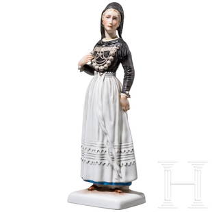 Porcelain Manufactory Allach - a coloured figurine of a Frisian peasant woman: Porcelain Manufactory Allach - a coloured figurine of a Frisian peasant womanFarbig gefasste Porzellanfigur nach einem Entwurf von Richard Förster, darstellend eine Bäuerin in traditioneller