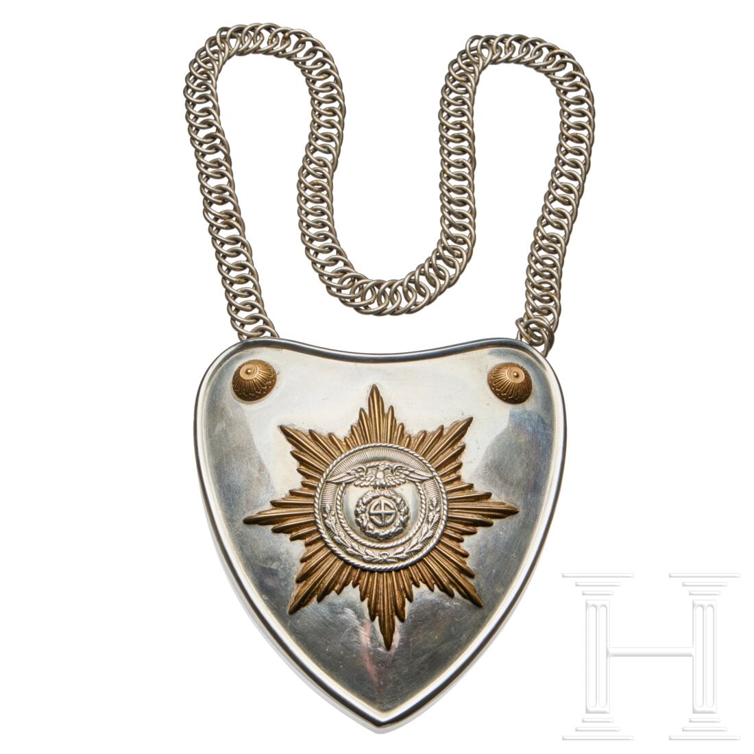 A model 1929 gorget for SA standard bearer: A model 1929 gorget for SA standard bearer Nickel-plated shield with gold sunburst plate with separate silver disk featuring eagle and mobile swastika centered. Gilt metal buttons at top two corners.
