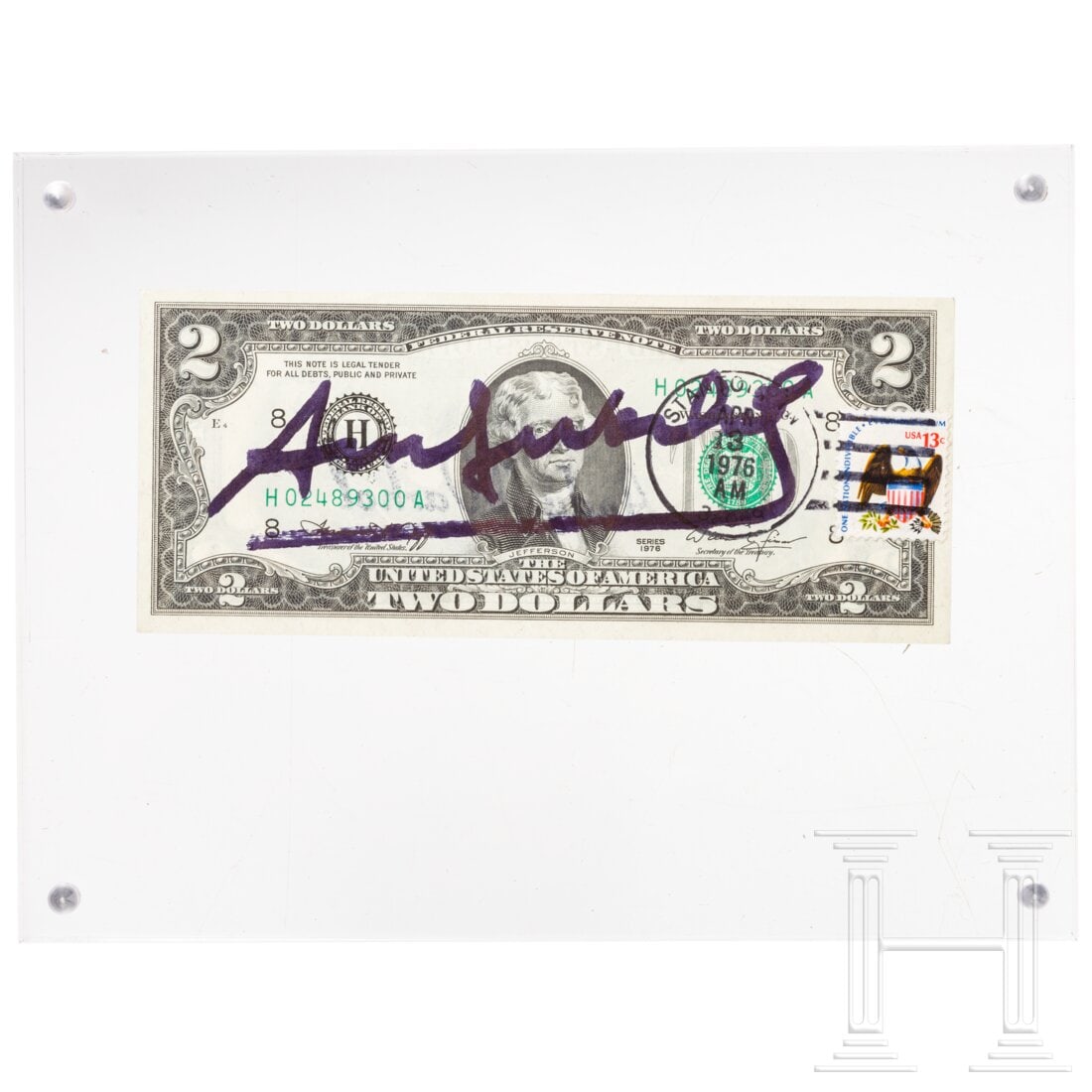 A two dollar bill signed "Andy Warhol", 1976: A two dollar bill signed "Andy Warhol", 1976A two dollar bill with portrait of Thomas Jefferson (US-president from 1801 to 1809), the reverse with the Declaration of Independence after a painting by J