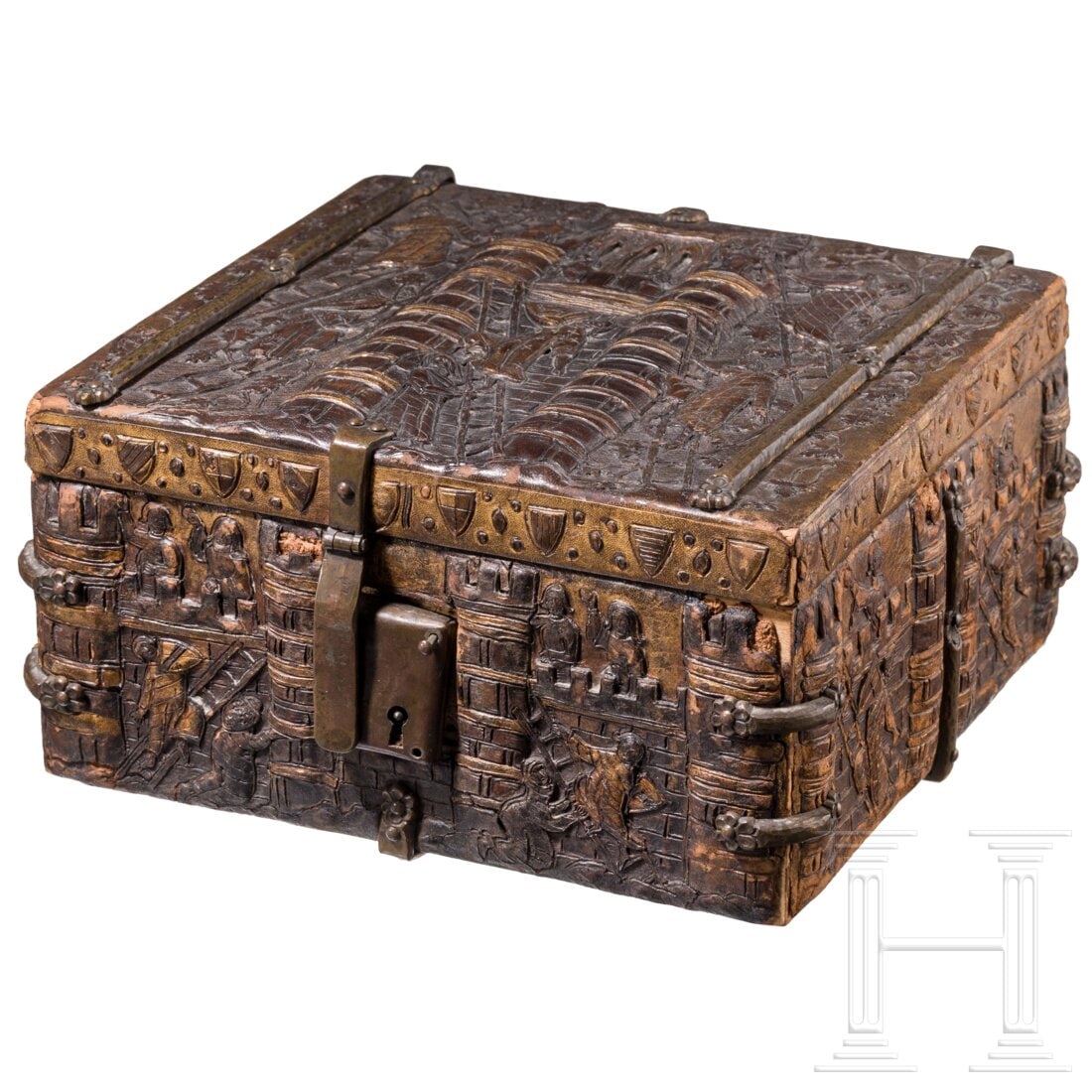 A German Gothic casket made of embossed leather in the style of the 12th century, circa 1900: A German Gothic casket made of embossed leather in the style of the 12th century, circa 1900Quadratische, vollflächig mit fein geprägtem und vergoldetem Leder bezogene sowie bronzebeschlagene Schatu