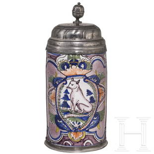 A pewter-mounted faience tankard with fox after Adriaen Collaert, Erfurt, dated 1792: A pewter-mounted faience tankard with fox after Adriaen Collaert, Erfurt, dated 1792Fayence. Zylindrisch, manganfarben jaspiert. Frontal in bunten Scharffeuerfarben gemalte, von Blattornamenten gerahm