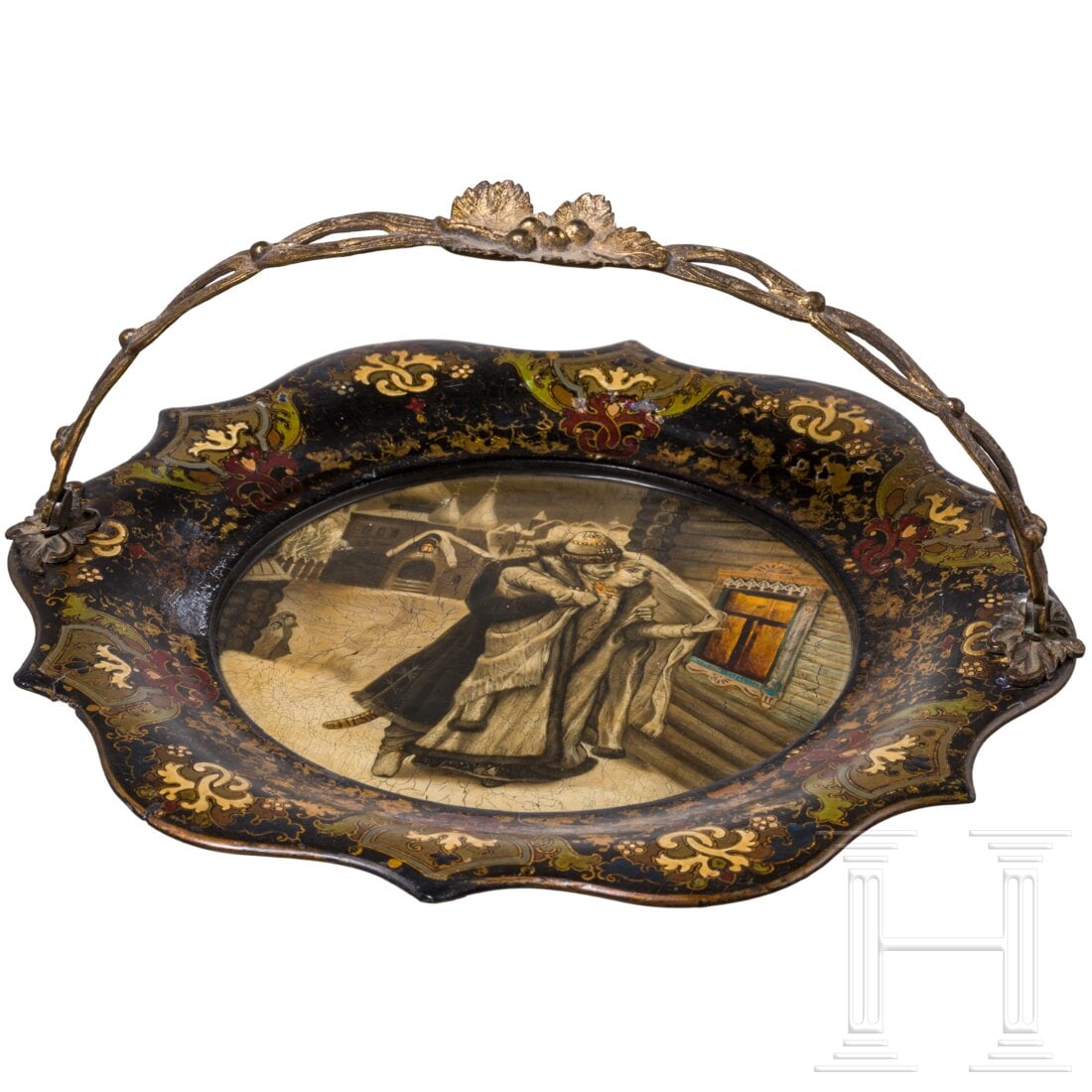 A rare Russian papier mâché and lacquer plate with floral brass handle, Danilovo, Nikolai Lukutin (1 of 4)
