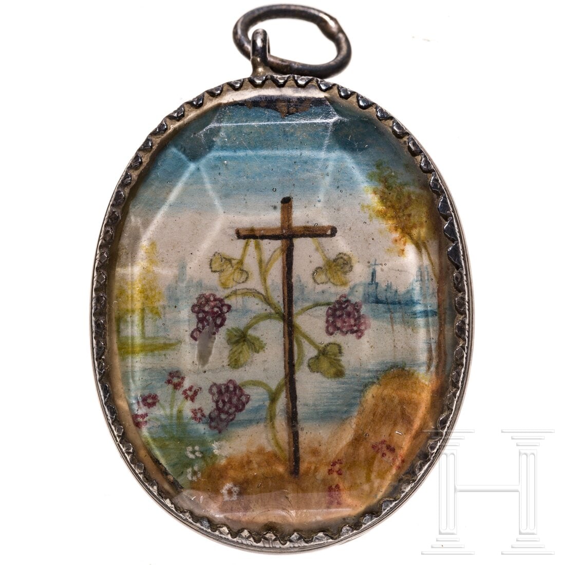 An Austrian or Italian silver-mounted reliquary pendant, circa 1800: An Austrian or Italian silver-mounted reliquary pendant, circa 1800Hochovaler Anhänger aus Silber. Geschliffene Bergkristallfenster. Frontseitig gemalte Darstellung des Kreuzes mit Weinrebe, rücksei