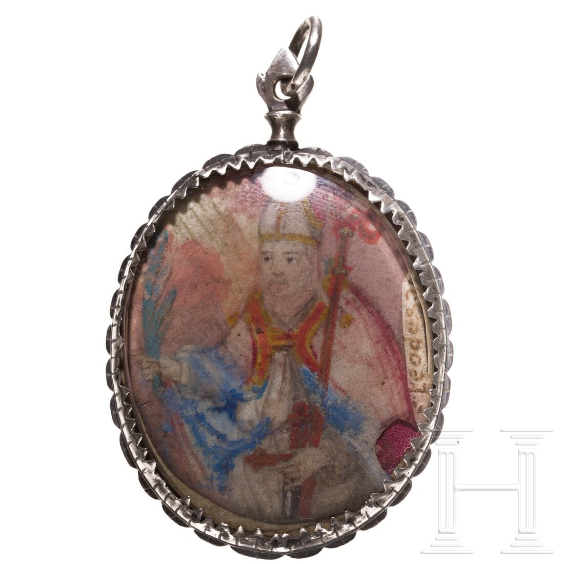 An Austrian or Italian silver-mounted reliquary pendant, circa 1800: An Austrian or Italian silver-mounted reliquary pendant, circa 1800Hochovaler Anhänger aus Silber. Gouache hinter Glas. Beidseitig gemalte Darstellung zweier Heiliger: Apostel Jakobus und ein Mönchs