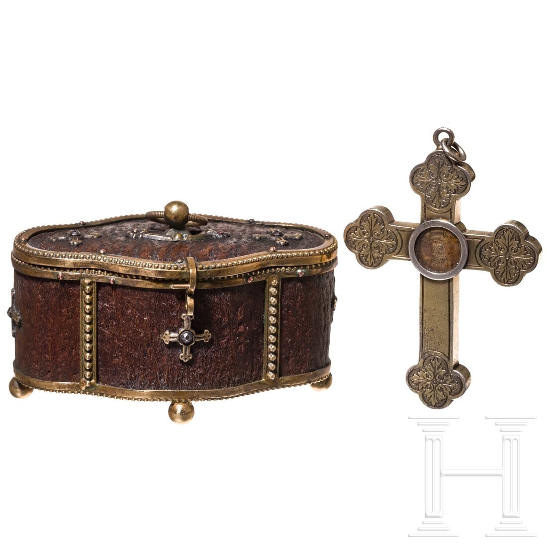A German silver-gilt reliquary cross and brass-mounted horn box, circa 1800/19th century (1 of 5)