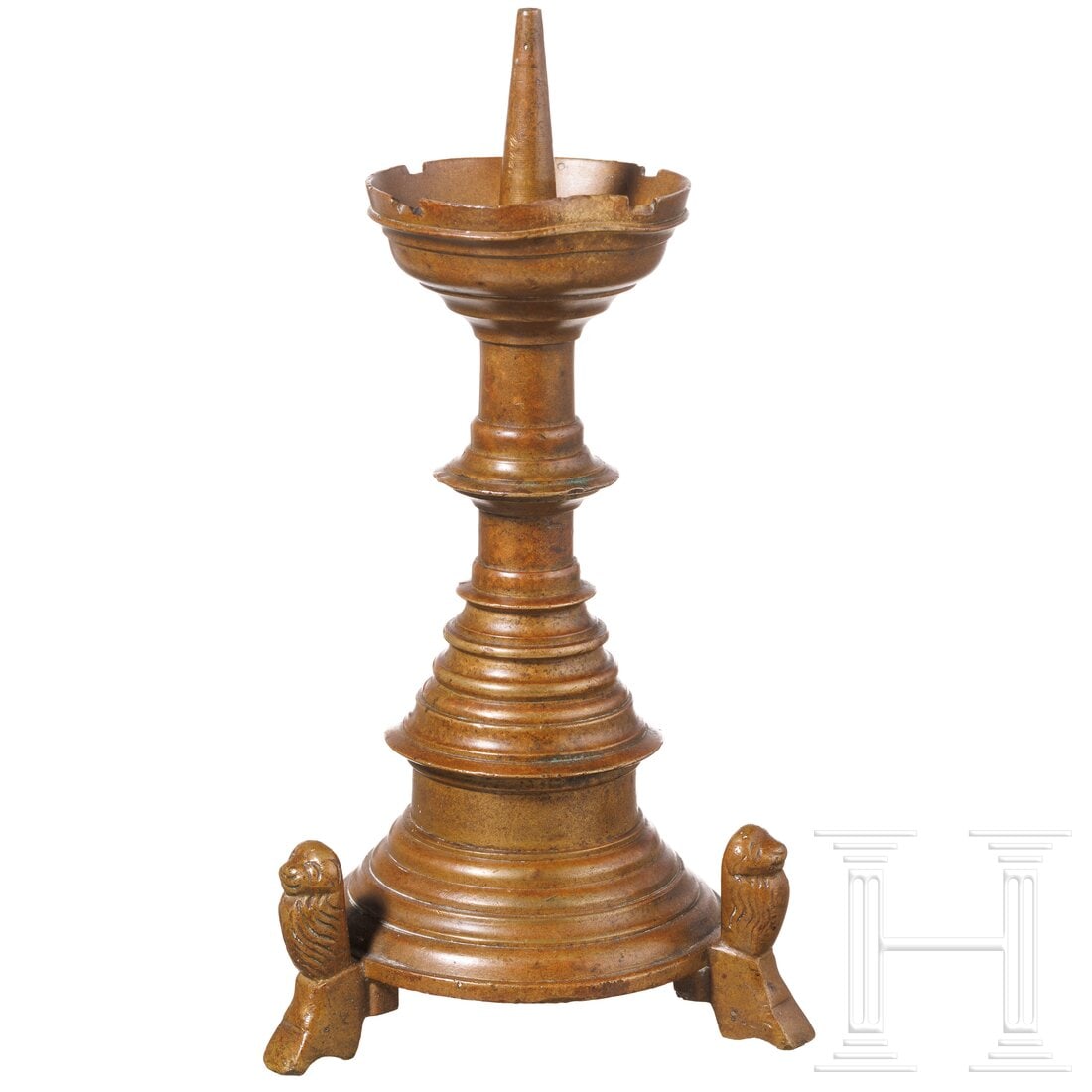 A Dutch brass alloy pricket candlestick with lion-shaped feet, late 15th century (1 of 4)