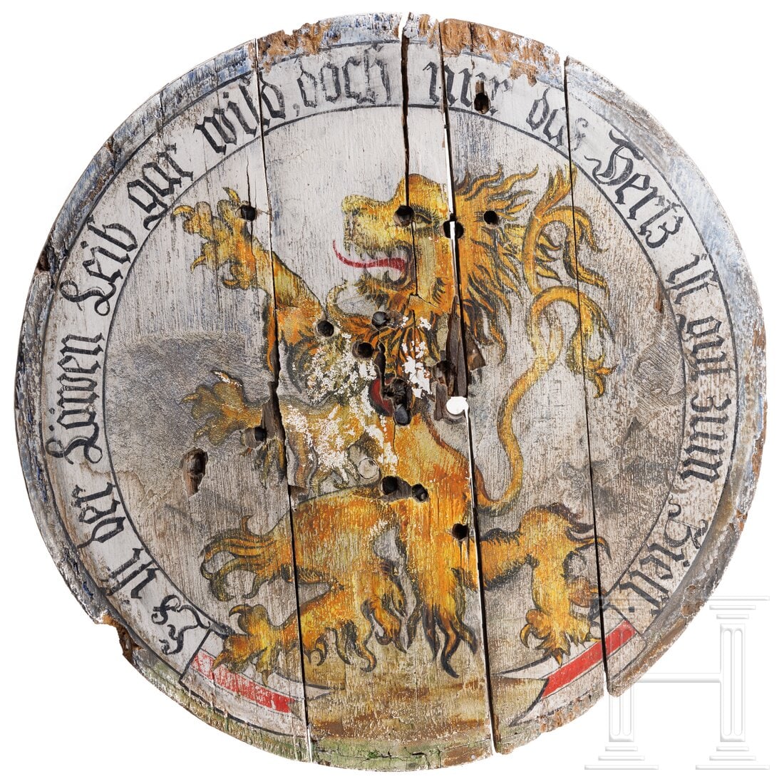 A painted German shooting target with lion, ca. 1900: A painted German shooting target with lion, ca. 1900Kräftige, runde Scheibe aus einem alten Fassboden gefertigt. Schauseitige Darstellung eines stehenden Löwen mit Umschrift "Es ist der Löwen Leib