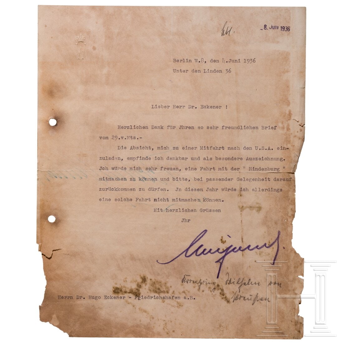 Crown Prince Wilhelm of Prussia (1881 - 1936) - a signed letter to Dr. Hugo Eckener, 1936 (1 of 2)