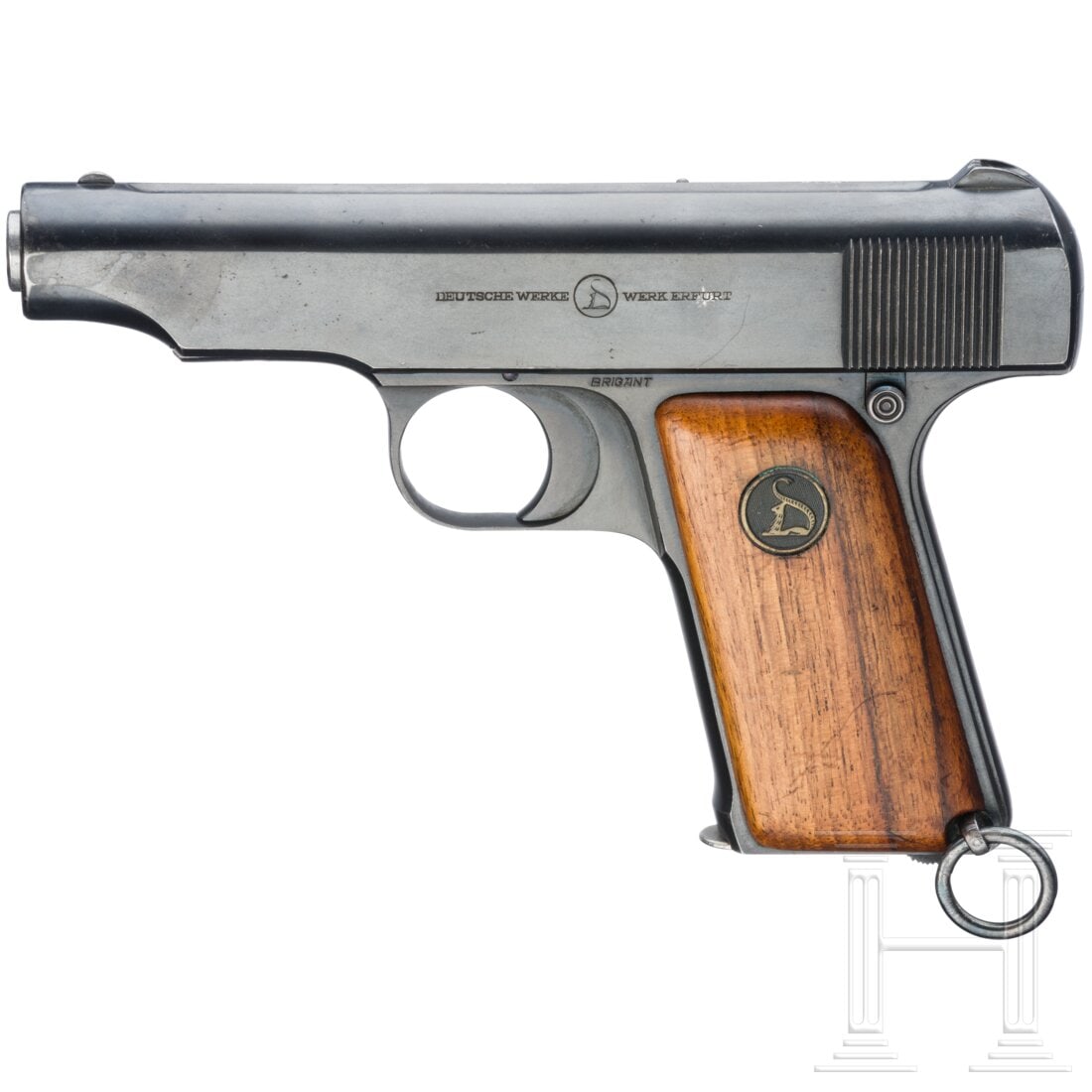Ortgies, Deutsche Werke: Ortgies, Deutsche WerkeCal. 7,65mmBrowning, SN. 261975, nummerngleich. Leicht rauer Lauf, Länge 83 mm. Siebenschüssig. Beschuss Krone/N. Links einzeilige Beschriftung "Deutsche Werke - D - Werk Erfu