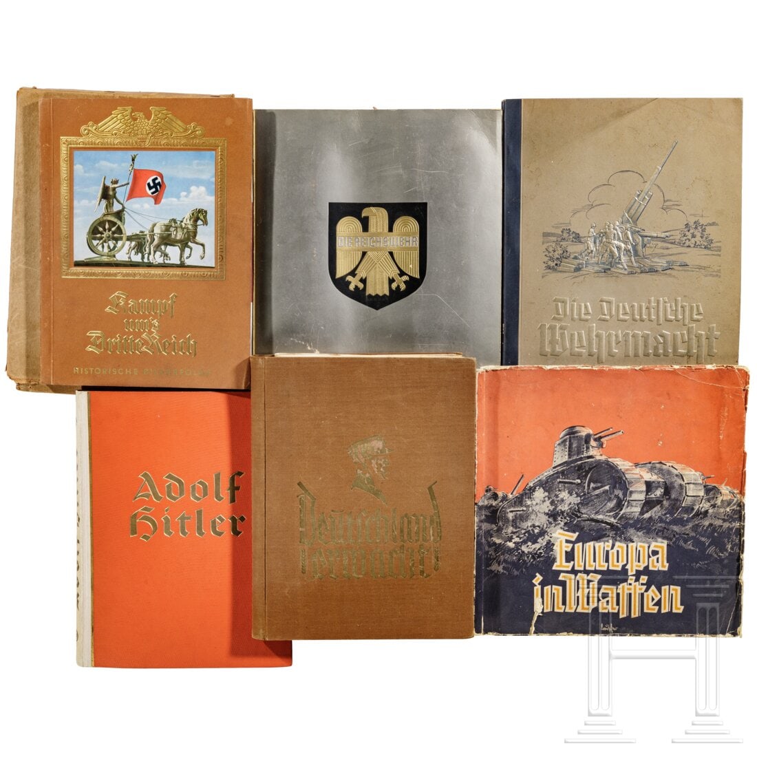 Six cigarette card albums: Six cigarette card albums"Deutschland erwacht", "Kampf ums Dritte Reich", "Adolf Hitler", "Die Deutsche Wehrmacht", "Europa in Waffen" und "Die Reichswehr". Dazu "Mein Kampf", Band I von 1934 und der 
