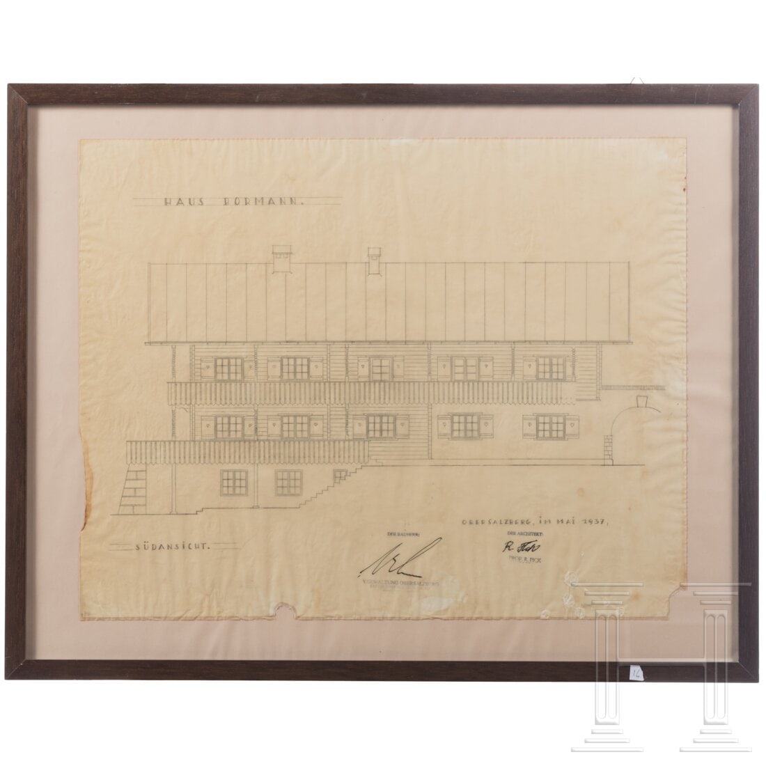 Roderich Fick - a signed architectural drawing with the south view of "Haus Bormann" with: Roderich Fick - a signed architectural drawing with the south view of "Haus Bormann" with countersignature by Martin Bormann, 1937Architektenpapier, in Bleistift betitelt sowie mit der gezeichneten S�
