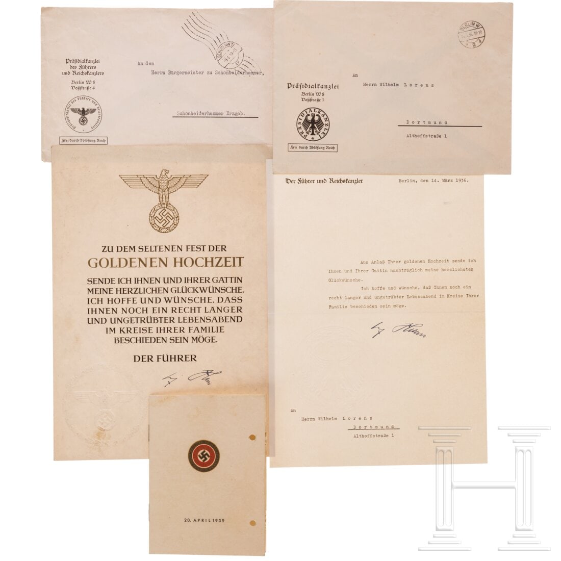 Adolf Hitler - two letters of congratulations for golden wedding anniversaries 1936 and undated: Adolf Hitler - two letters of congratulations for golden wedding anniversaries 1936 and undatedDIN-A4-Schreiben mit gedrucktem Kopf "Der Führer und Reichskanzler". Weimarer Blindprägesiegel, Faks.un