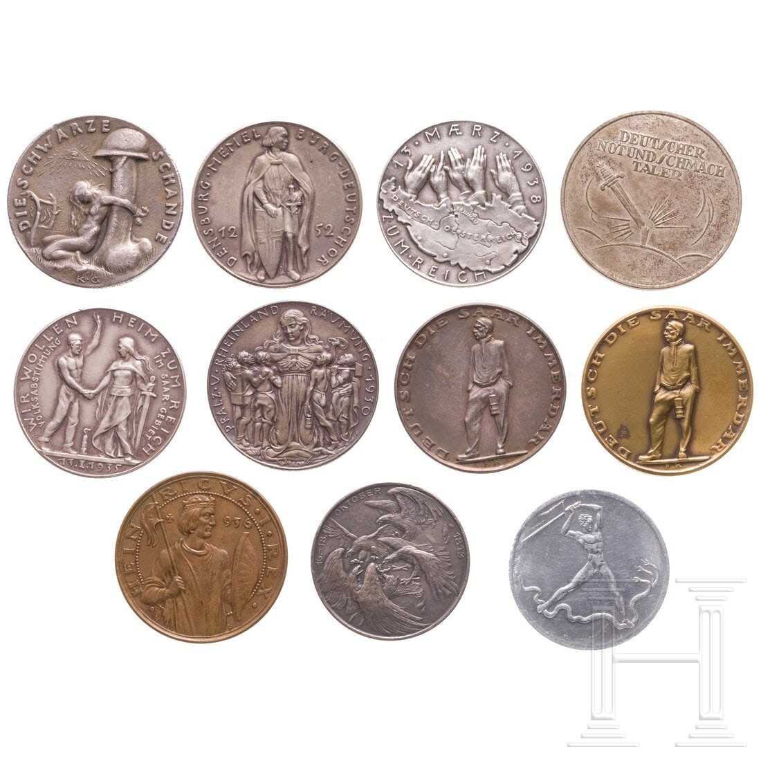 Eleven medals/plaques: Eleven medals/plaquesSilbermedaillen "Rheinlandräumung 1930", zwei Silber- und eine Bronzemedaille zur Saarabstimmung, Silbermedaillen "Memelland", "Befreite Ostmark" und auf die Völkerschlacht bei 