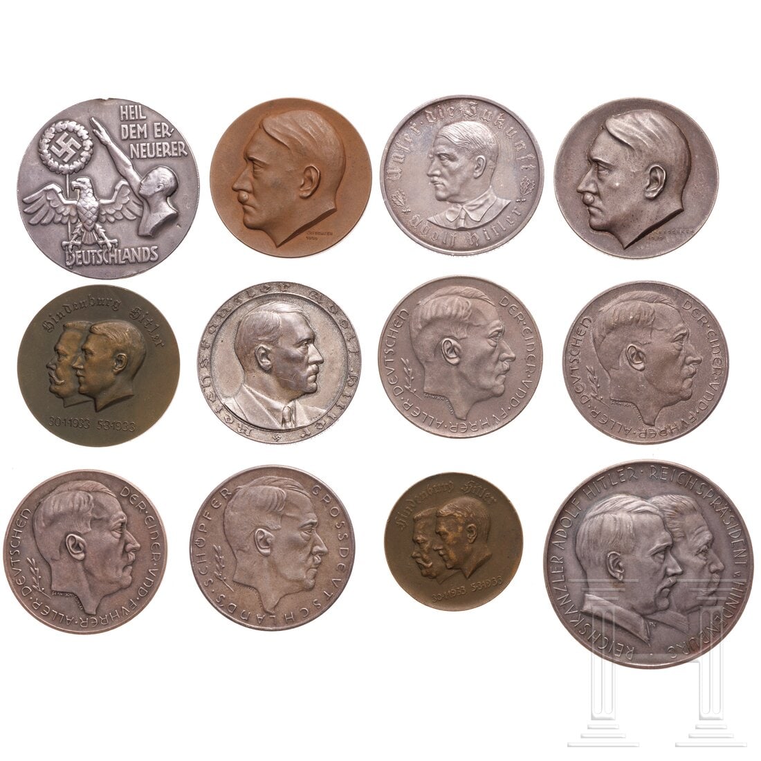 Eleven portrait medals/plaques of Hitler: Eleven portrait medals/plaques of Hitler"Die Ostmark ist heimgekehrt", im Rand "Feinsilber", drei Exemplare "Das Großdeutsche Reich ist erstanden", jeweils im Rand "835", "Vor 50 Jahren ... wurde der