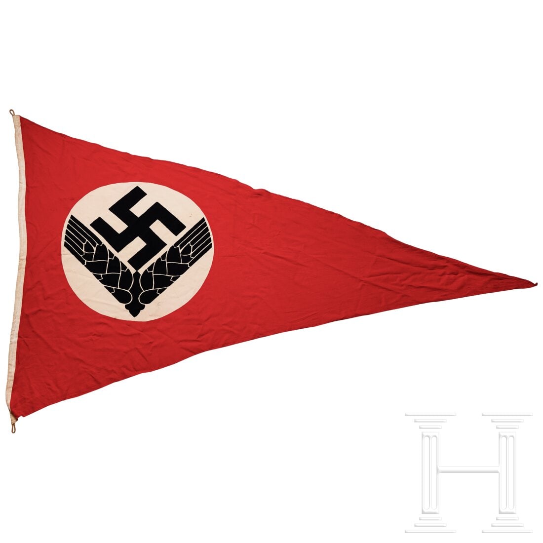 A woman's RAD pennant: A woman's RAD pennantDouble-sided red cotton fabric, at center a printed black swastika with wheat sheaves on white circular field. Hoist edge of reinforced canvas sleeve and rope with loop end attach