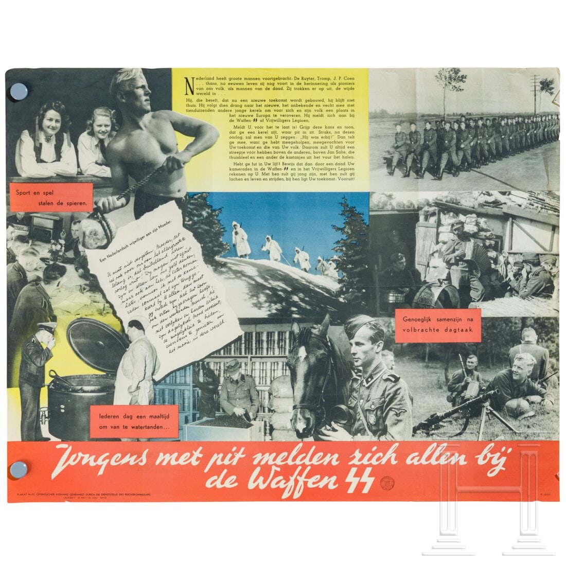 An advertising poster for Dutch volunteers of the SS "Jongens met pit melden zich bij de Waffen SS": An advertising poster for Dutch volunteers of the SS "Jongens met pit melden zich bij de Waffen SS"Ein Werbeplakat der niederländischen SS, mehrfarbiger Druck, gefaltet. Beschriftet "Jongens met pit 
