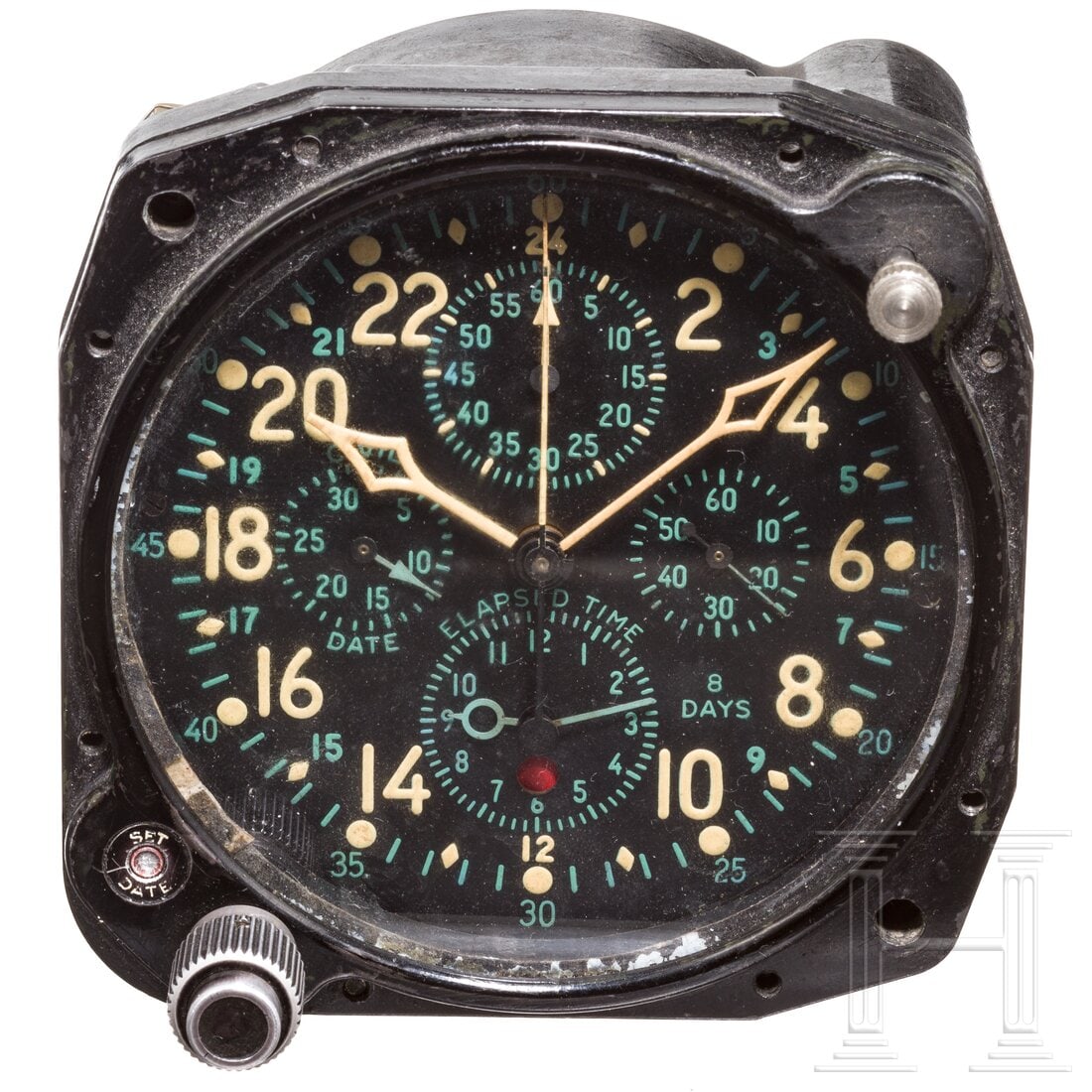 An on-board clock from Hamilton Elgin: An on-board clock from Hamilton ElginBakelitgehäuse mit rs. Bezeichnung "AN 5741-1 - MFRS. PART NO. H-37500 - CONTRACT 96322 ...". Schwarzes Zifferblatt mit grüner Minuterie und Anzeigen sowie beige