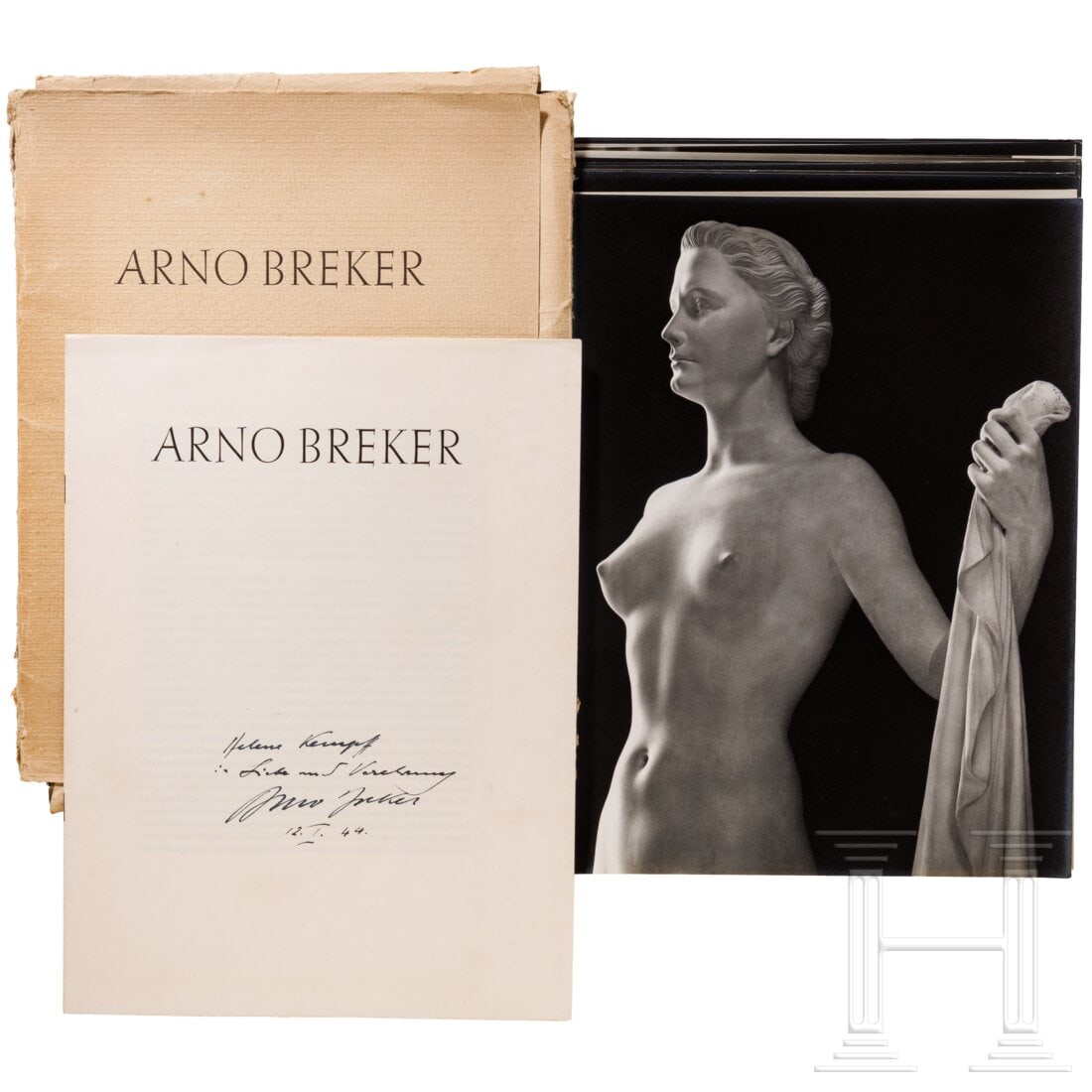 Arno Breker and Helene Kempff - "The Artist's Sculptural Work" in original folder with a handwritten: Arno Breker and Helene Kempff - "The Artist's Sculptural Work" in original folder with a handwritten dedication, 1944Ca. 35 Fotographien von Charlotte Rohrbach mit Abbildungen der Skulpturen Arno Brek