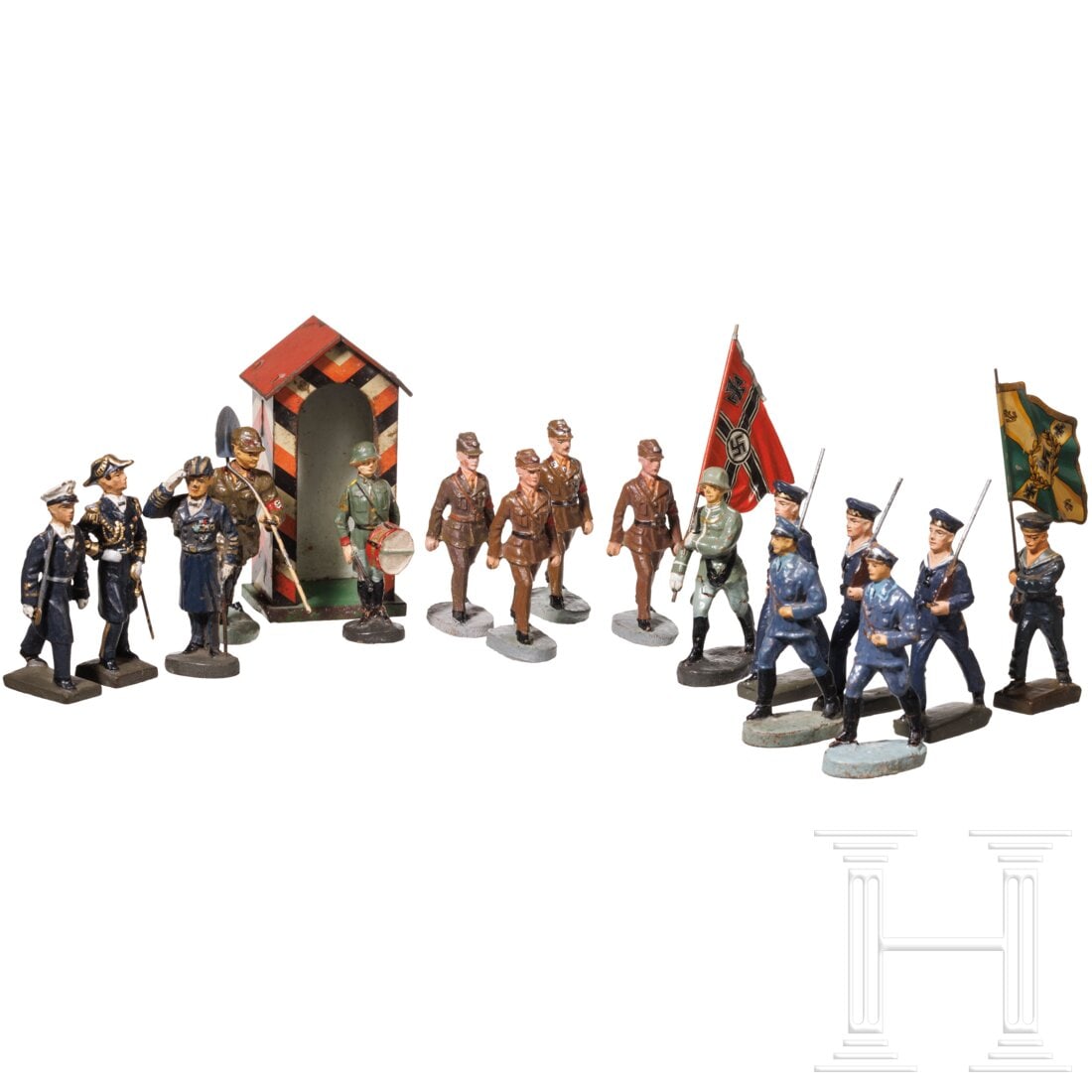 16 Elastolin and Lineol soldiers with Navy, Army, RAD and a flag bearer: 16 Elastolin and Lineol soldiers with Navy, Army, RAD and a flag bearerElastolin/Lineol, Blech-Masseausführung, 6/7-cm-Serie, 30er Jahre. Ein Konvolut mit 16 Figuren, dabei von Elastolin ein Heeres-S