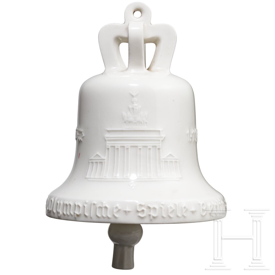An Olympic bell from KPM Berlin, 1936: An Olympic bell from KPM Berlin, 1936Weißes, glasiertes Porzellan, innen die blaue KPM-Zeptermarke. Außen eine Reliefverzierung mit Brandenburger Tor, Adler über Olympischen Ringen und dem Datum 1.