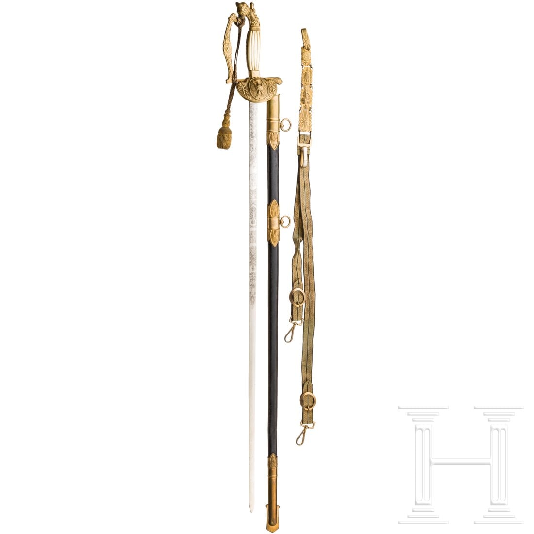 A sword for police officers with hanger and portepee, circa 1930: A sword for police officers with hanger and portepee, circa 1930Schlanke Stichklinge mit hälftigen Zierätzungen, dabei das italienische Wappen, vier Trophäenbündel oder platzende Granaten zwischen