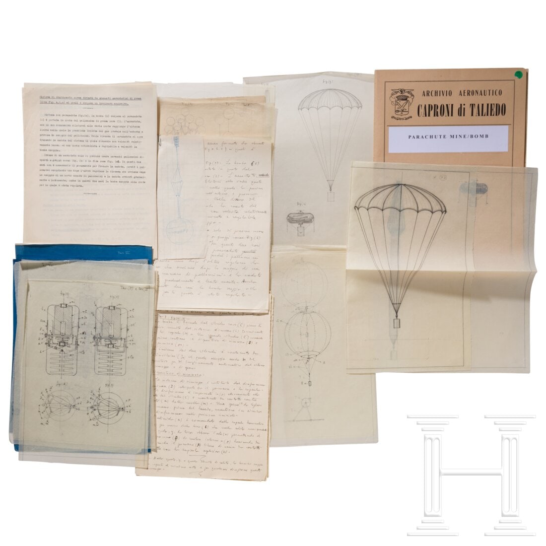 Caproni - designs for a parachute mine, 1930s/40s: Caproni - designs for a parachute mine, 1930s/40sInsgesamt elf handschriftliche Skizzen und Zeichnungen, meist auf Pauspapier, und sieben Blaupausen. Dazu 15 handgeschriebene A4-Seiten (italienisch) m