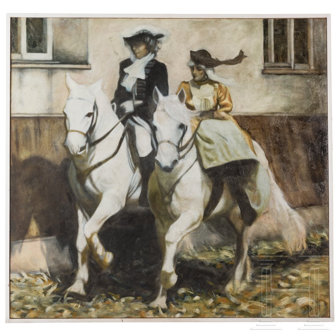 A German oil painting with a horse-riding couple, 20th/21st century: A German oil painting with a horse-riding couple, 20th/21st centuryÖl auf Leinwand. Darstellung eines Paares bei einem Spazierritt an einem sonnigen Herbsttag. Unsigniert. Im schlichten Leistenrahmen