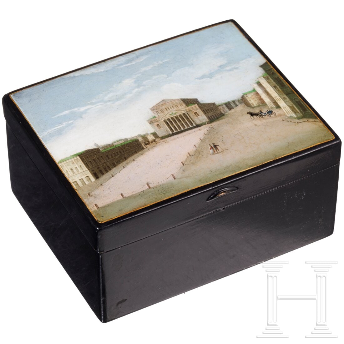 A large Russian papier mâché and lacquer casket with view of the Bolshoi Theater, Ostashkovo, Osip: A large Russian papier mâché and lacquer casket with view of the Bolshoi Theater, Ostashkovo, Osip Vishyakov and Sons factory, 1856 - 1865Papiermaché, Schwarzlack, innen dunkel rot-braun lackiert. 