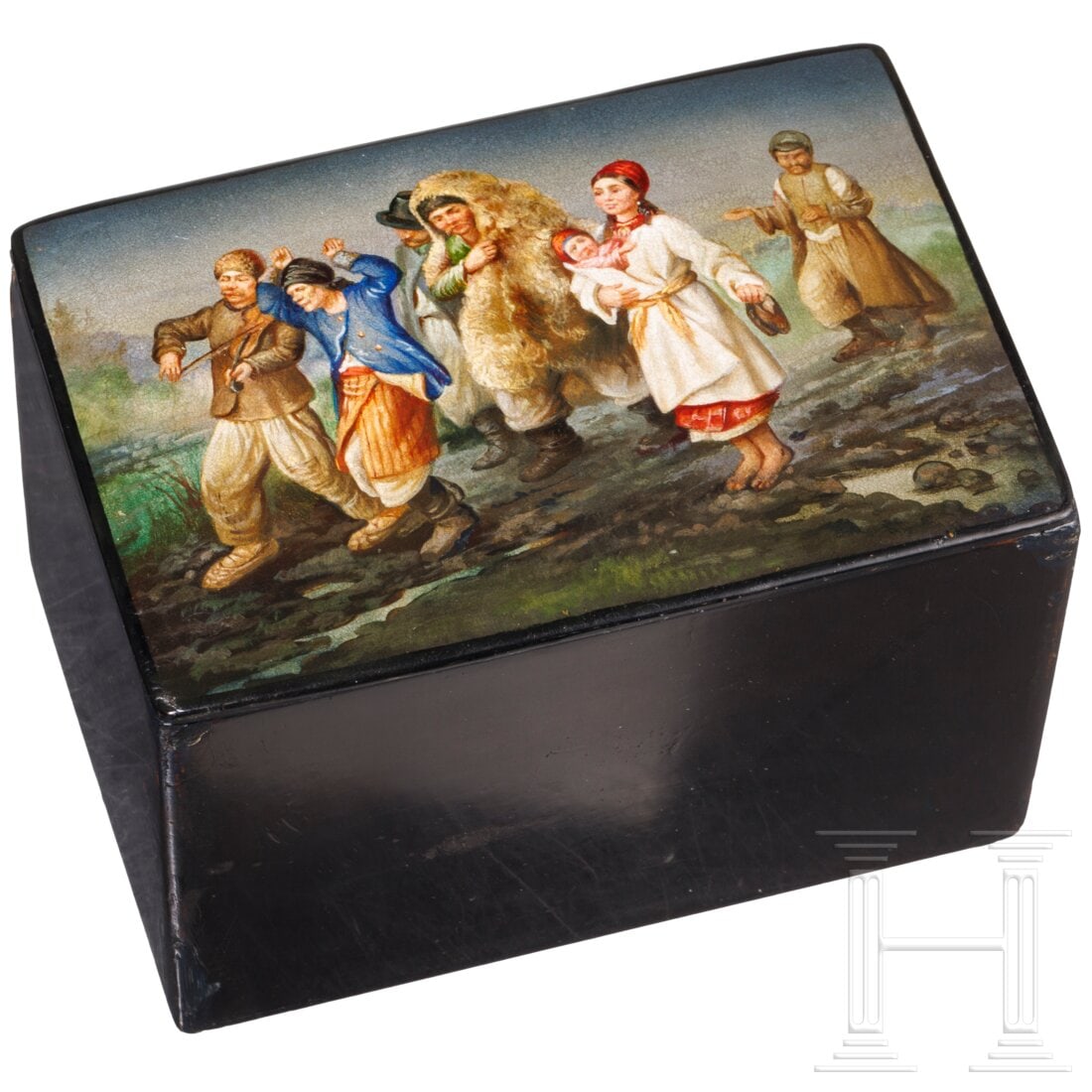 A Russian papier mâché and lacquer box with peasants, Ostashkovo, Osip Vishyakov and Sons factory,: A Russian papier mâché and lacquer box with peasants, Ostashkovo, Osip Vishyakov and Sons factory, 1885 - 1887Papiermaché, Schwarzlack, innen Silberfolie. Auf dem Scharnierdeckel feine Ölmalerei: 
