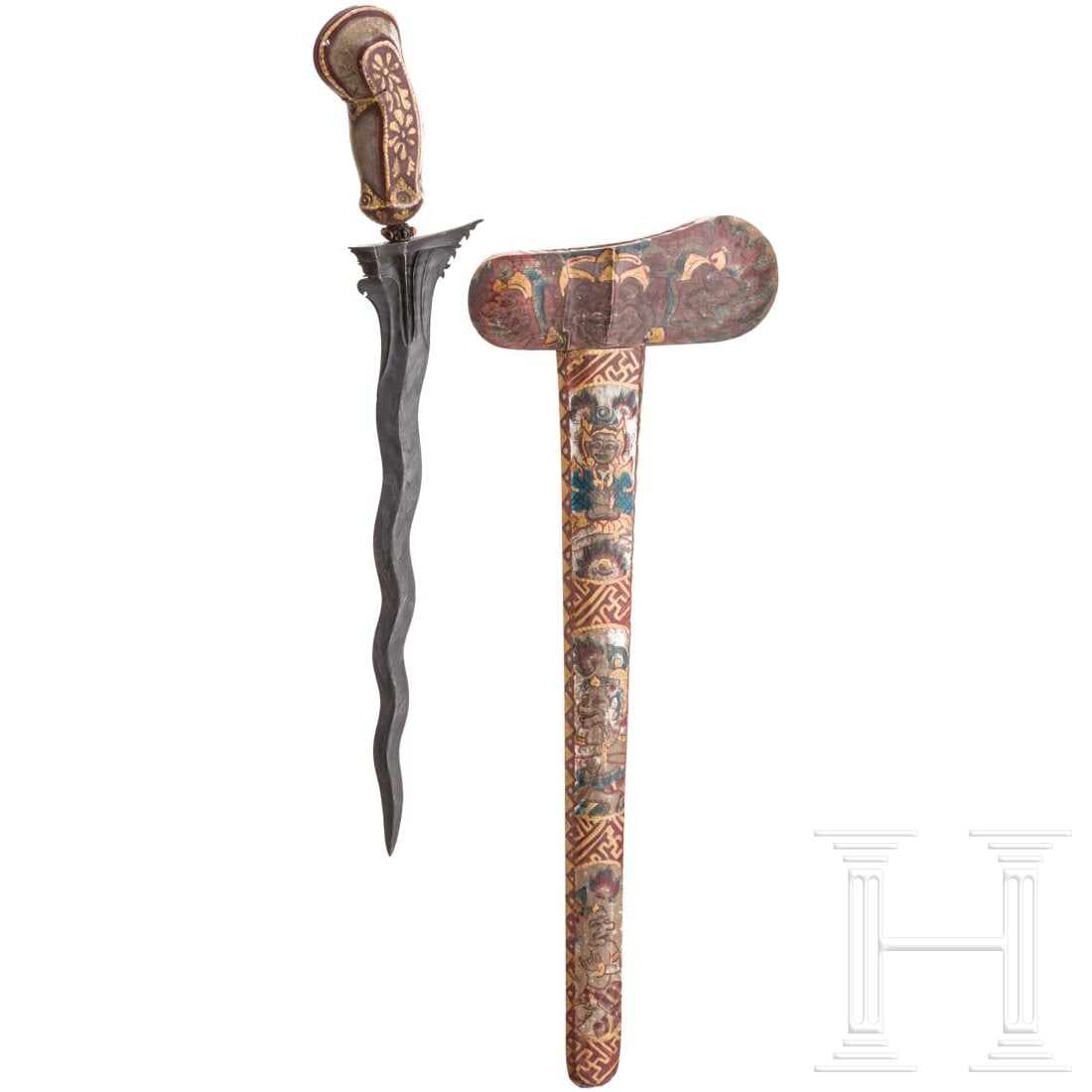 An oversized Balinese keris, 20th century: An oversized Balinese keris, 20th centuryGeflammte Rasenerzklinge, steinbesetztes Mendhak, polychrom bemalter Holzgriff. Mit Dämonengesichtern bemalte Wrangka, Scheide mit vielfarbigem Swastika-Dekor