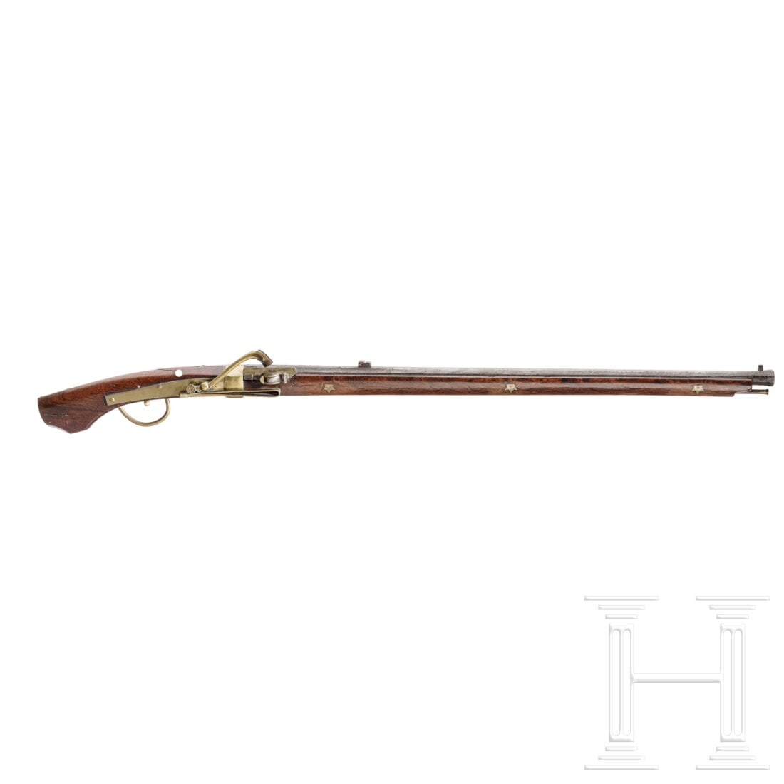 A Japanese chu tsutsu, mid-Edo period: A Japanese chu tsutsu, mid-Edo periodOktagonlauf mit kanonierter Mündung im Kaliber 12 mm, Seele rau, auf der Oberseite Sakimeate und Motomeate sowie Silbereinlagen, rechts Pulverpfanne mit Messingab