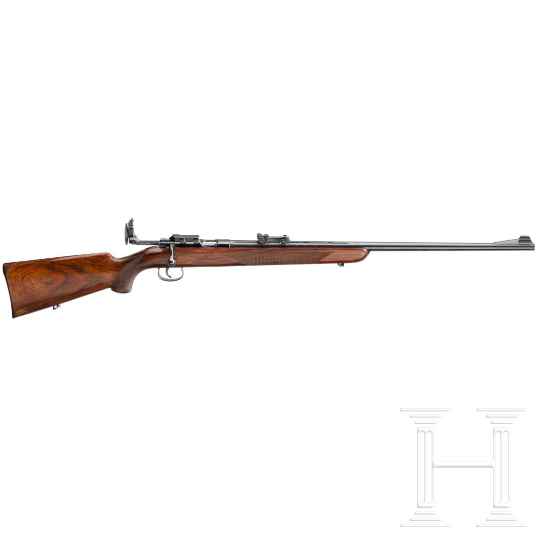 A Mauser Mod. Es 340 B "Single Shot Target Rifle", late production: A Mauser Mod. Es 340 B "Single Shot Target Rifle", late productionCal. .22lr, SN. 165348, nummerngleich. Beschuss "BUG". Fertigung ca. 1937. Schiebevisier 30 - 200 m. Zusätzlich montierter Diopter au