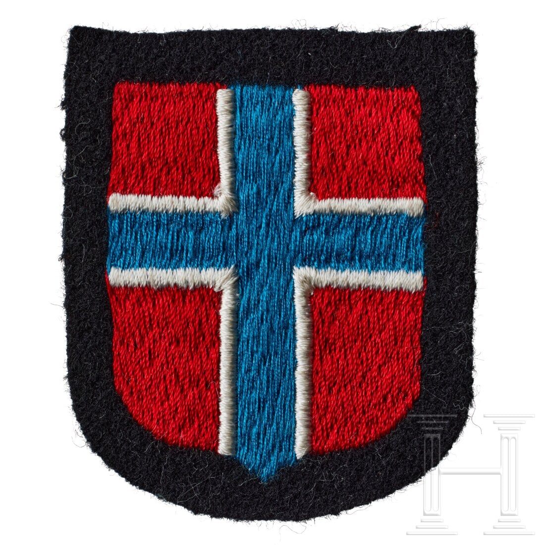 A Cuff or Sleeve Flag for Norwegian Legion Volunteers, Nordland Division: A Cuff or Sleeve Flag for Norwegian Legion Volunteers, Nordland DivisionBlack cloth base of shield-shape, machine-embroidered vertical flag pattern of red field with offset blue and white stripes.USA