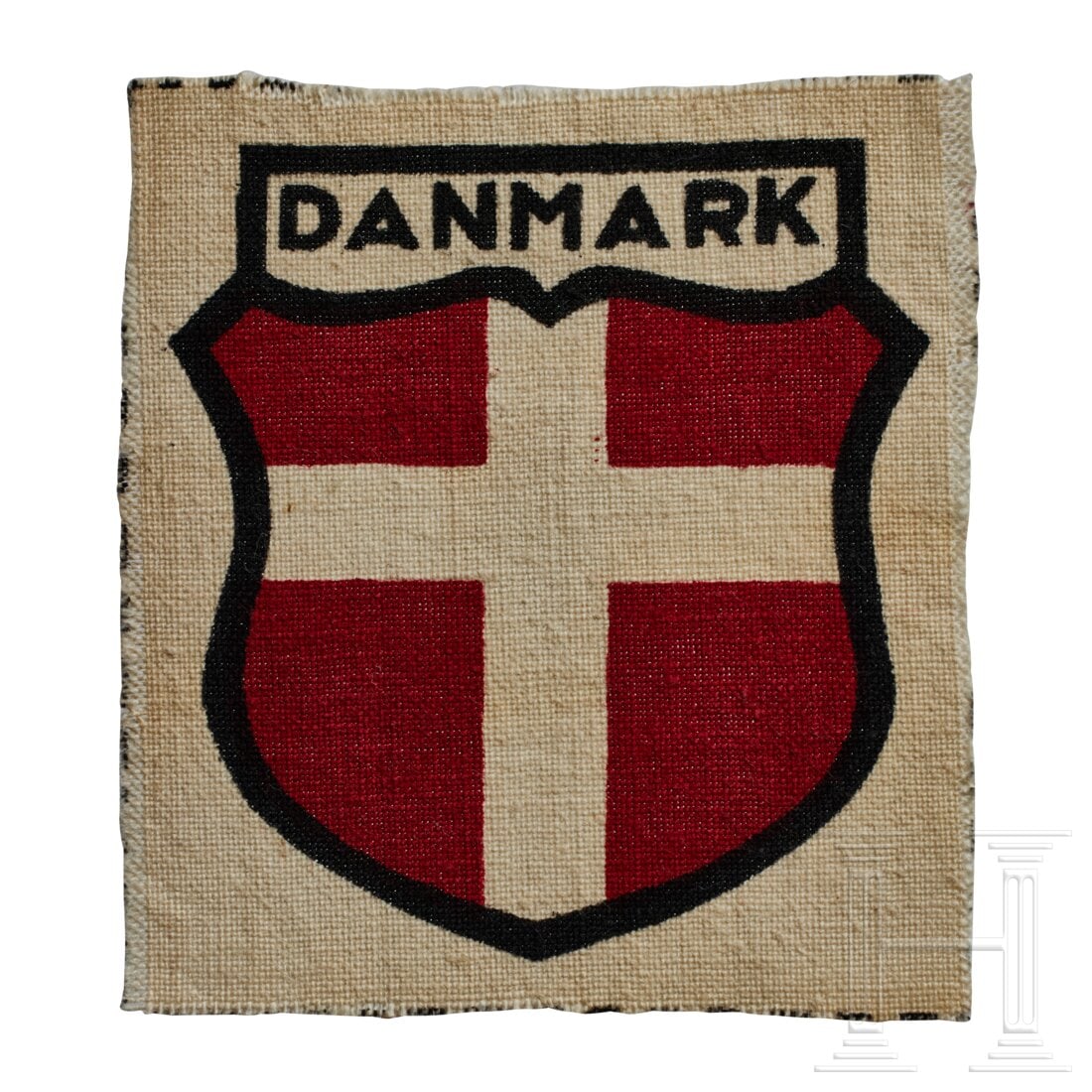 An Arm Shield for SS Panzer Grenadier Regiment 24 "Danmark": An Arm Shield for SS Panzer Grenadier Regiment 24 "Danmark"White cotton backing, printed shield of white cross on red field with black border, at top black bordered box with "DANMARK" in black letteri