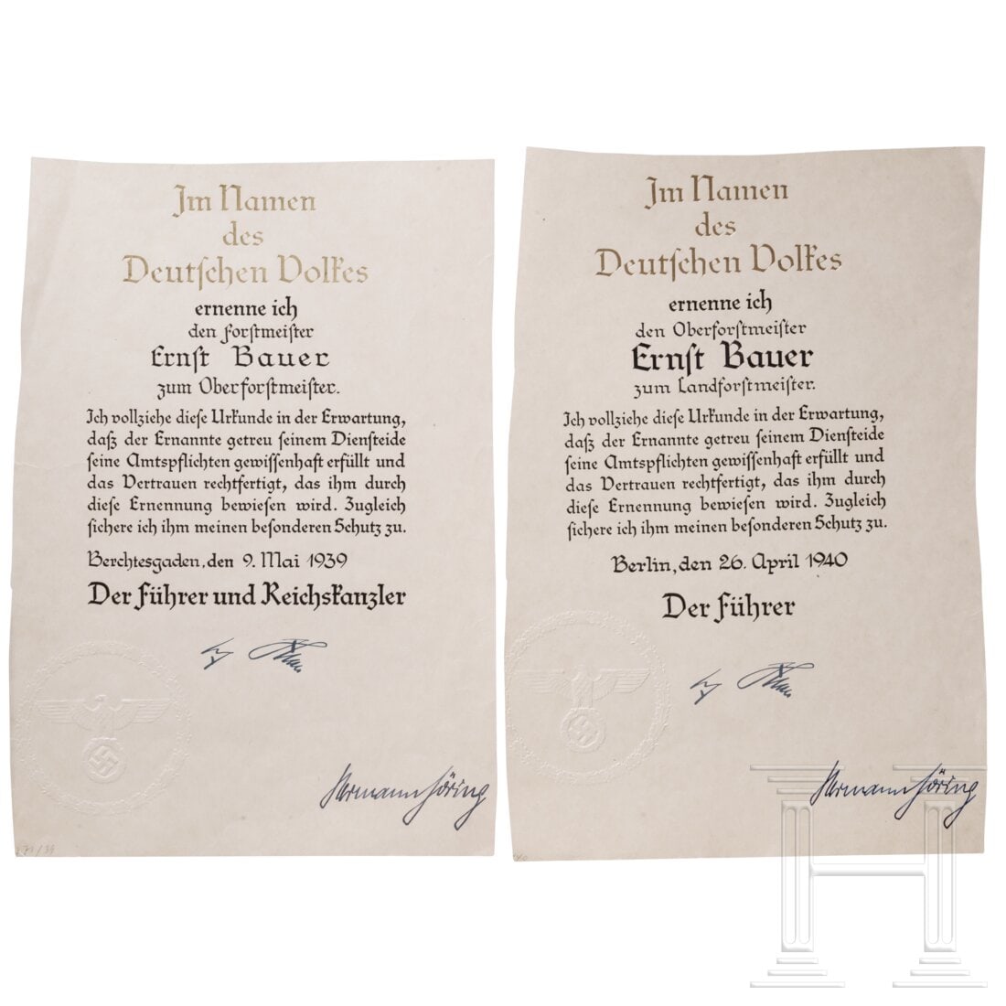 Two promotion documents signed by Hermann Göring: Two promotion documents signed by Hermann GöringAusgestellt an Ernst Bauer, Ernennung zum Oberforstmeister und Landforstmeister, Faksimile-Unterschrift von Adolf Hitler und eigenhändige Unterschrift